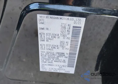 2015 Infiniti Qx60 z USA, uszkodzony, nr VIN 5N1AL0MN8FC532262